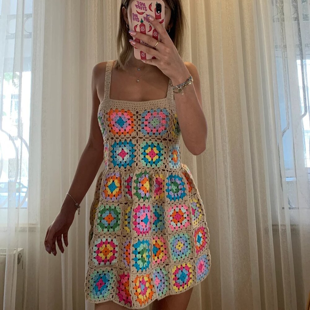 Vibrant Crochet Patchwork Mini Dress